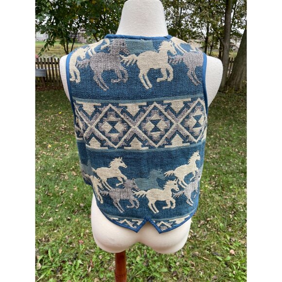 Vintage Keren Hart Tapestry Vest L Horse Pattern Blue Cotton Western Style - Picture 8 of 12